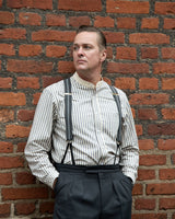 Tommys Collarless Shirt - Blue Ticking