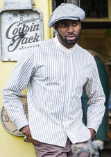 Tommys Collarless Shirt - Blue Ticking