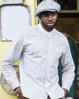 Tommys Collarless Shirt - Blue Ticking