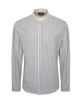 Tommys Collarless Shirt - Blue Ticking