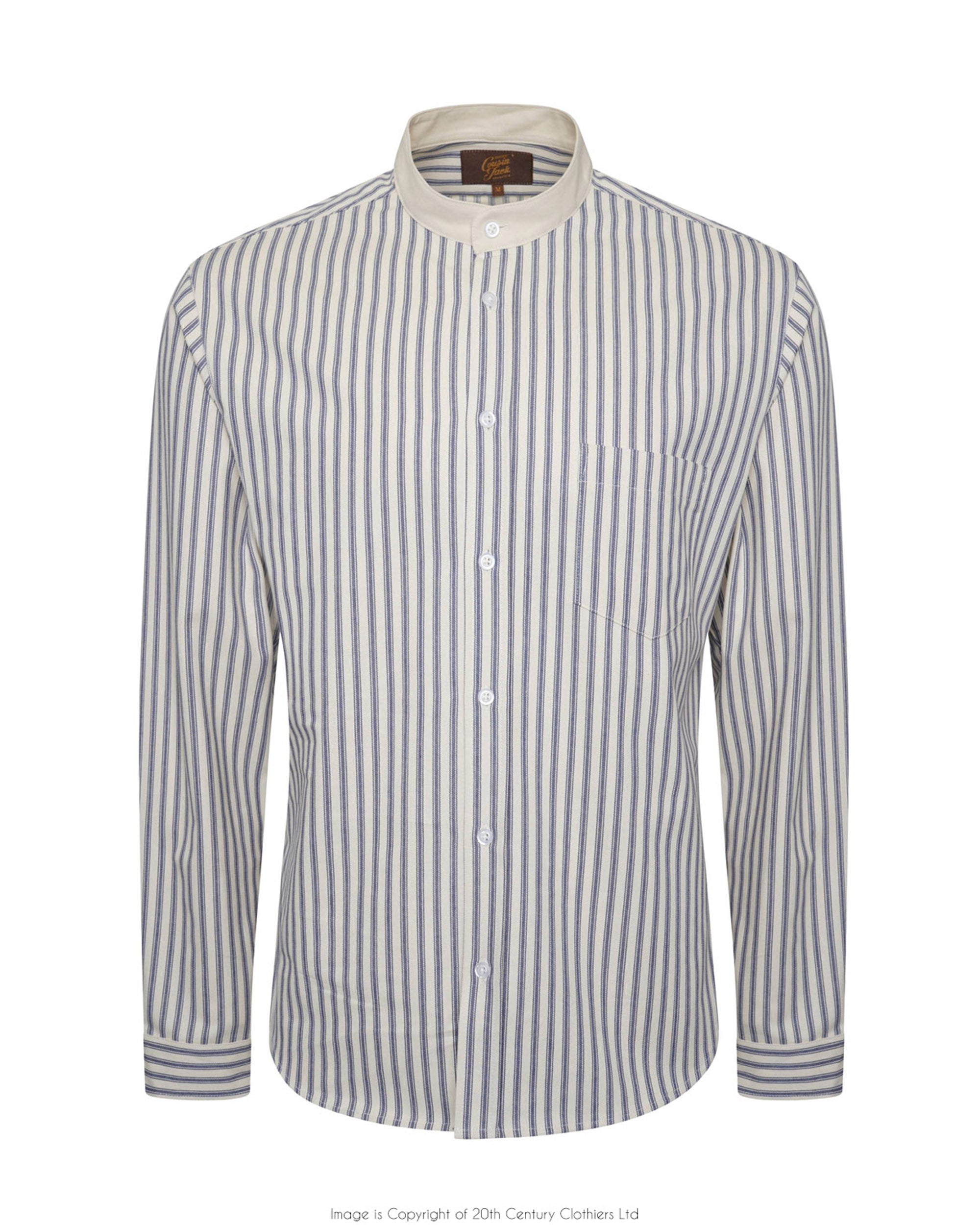 Tommys Collarless Shirt - Blue Ticking