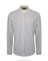 Tommys Collarless Shirt - Blue Ticking