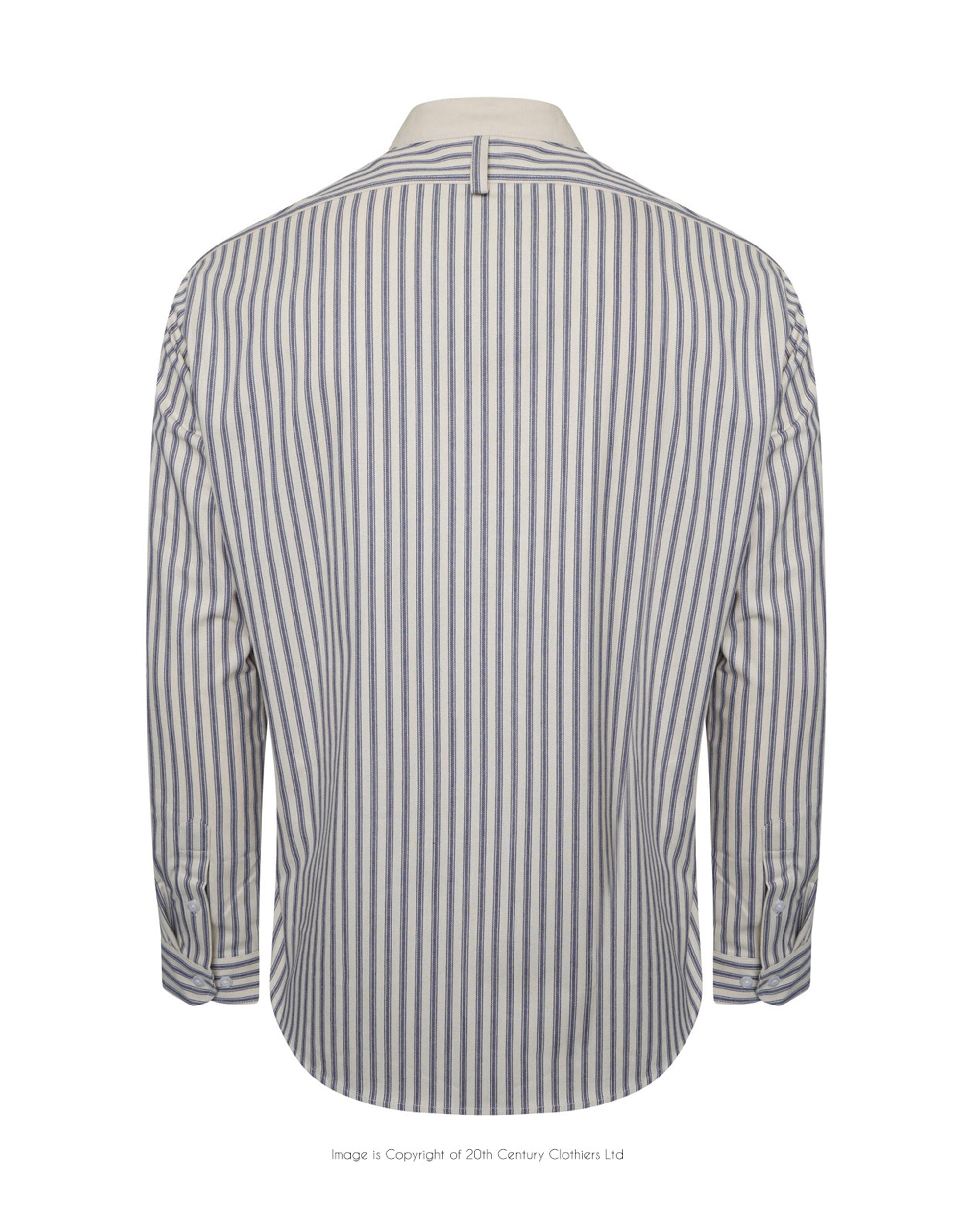 Tommys Collarless Shirt - Blue Ticking