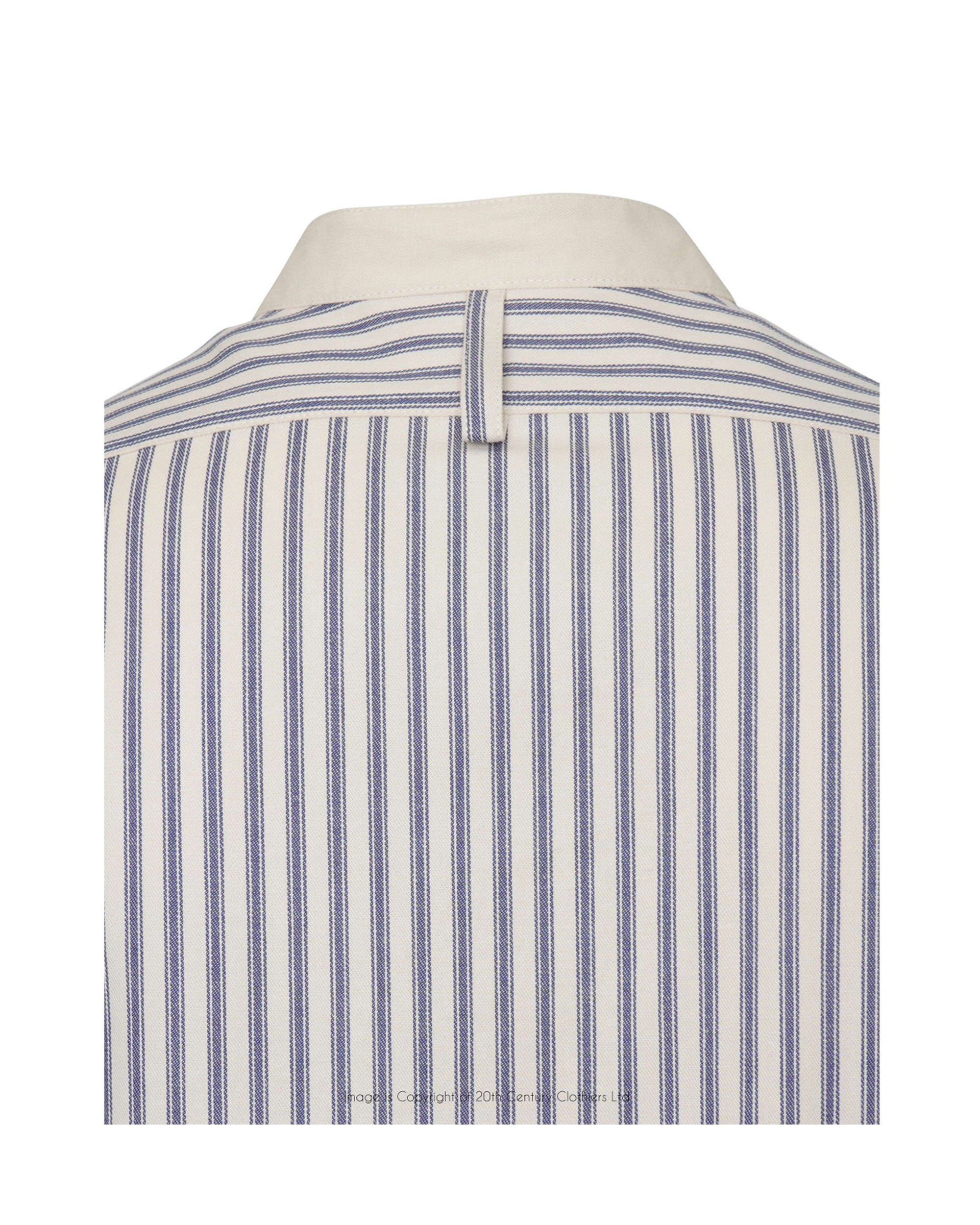 Tommys Collarless Shirt - Blue Ticking