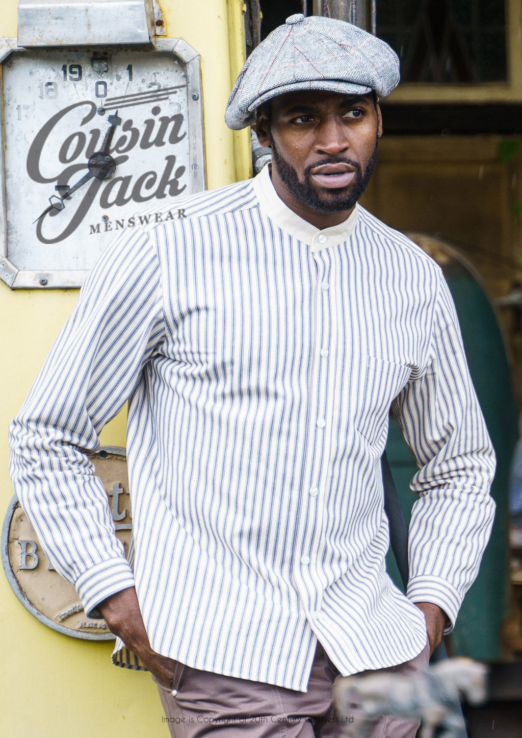 Tommys Collarless Shirt - Blue Ticking