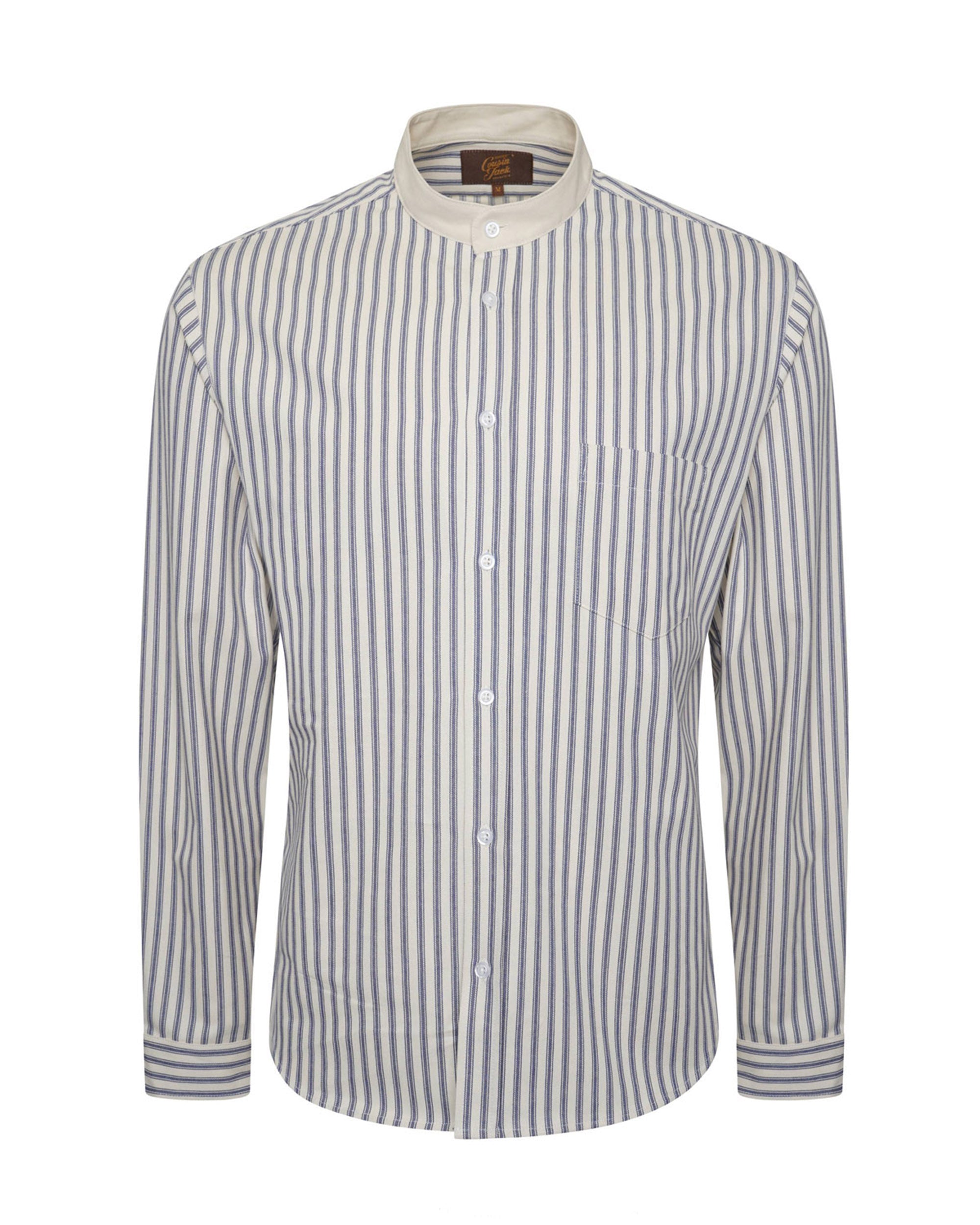 Tommys Collarless Shirt - Blue Ticking