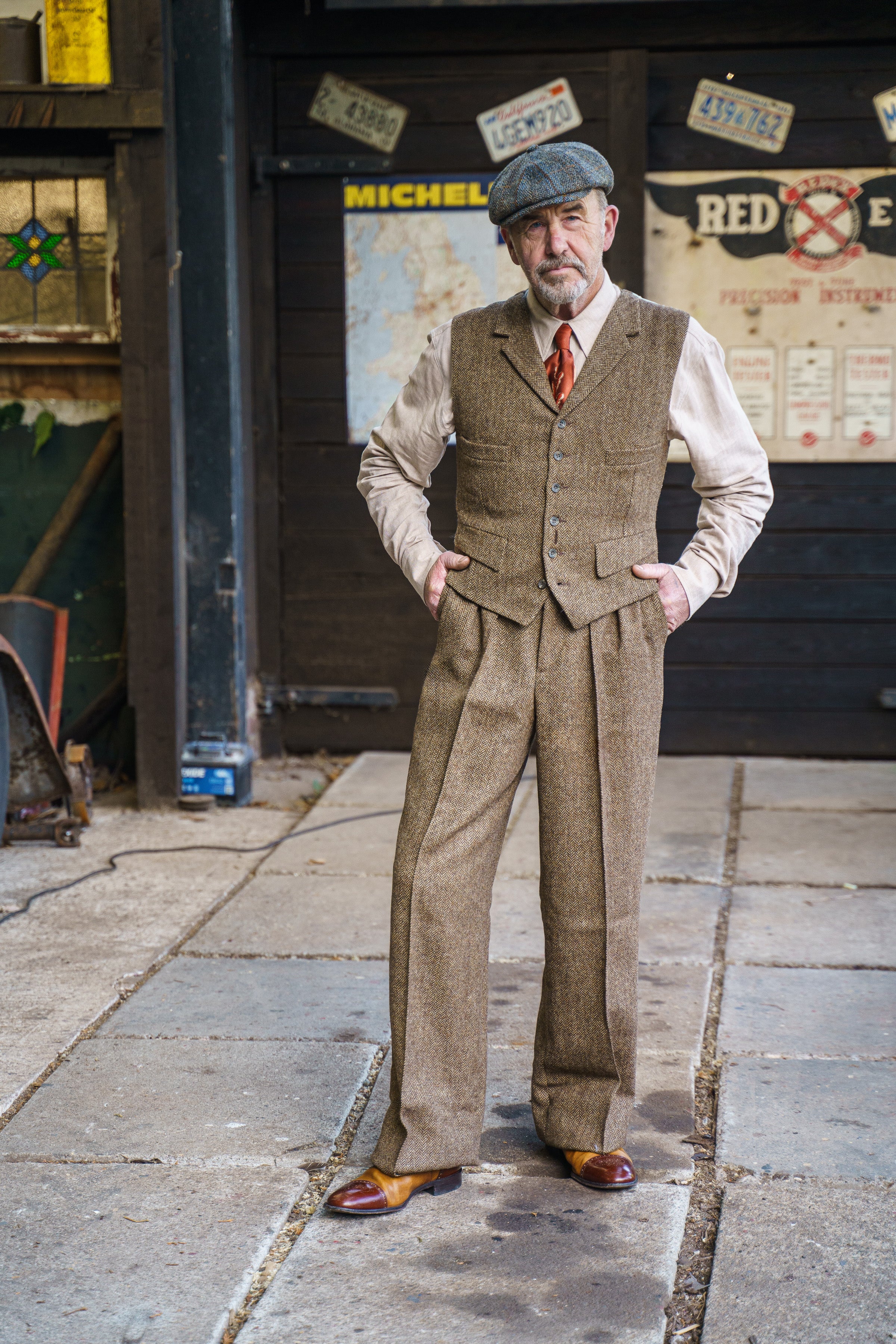 Fishtail Back Trousers - Brown Herringbone